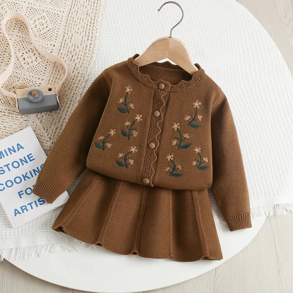 Ensemble pull tricoté fleuri pour fille