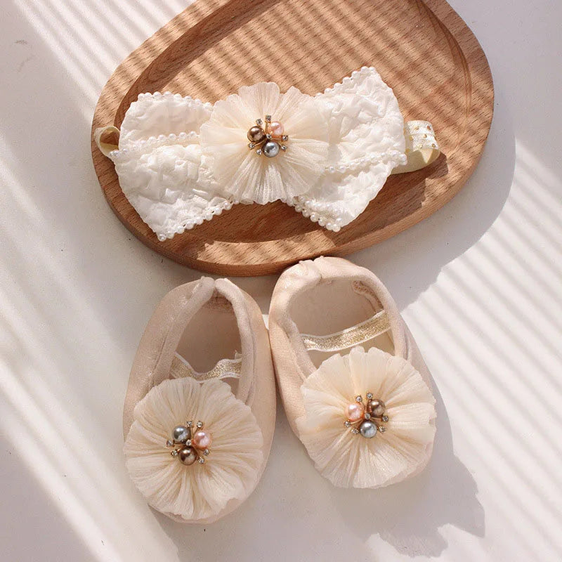 Conjunto de diadema con lazo de encaje y calcetines para bebé