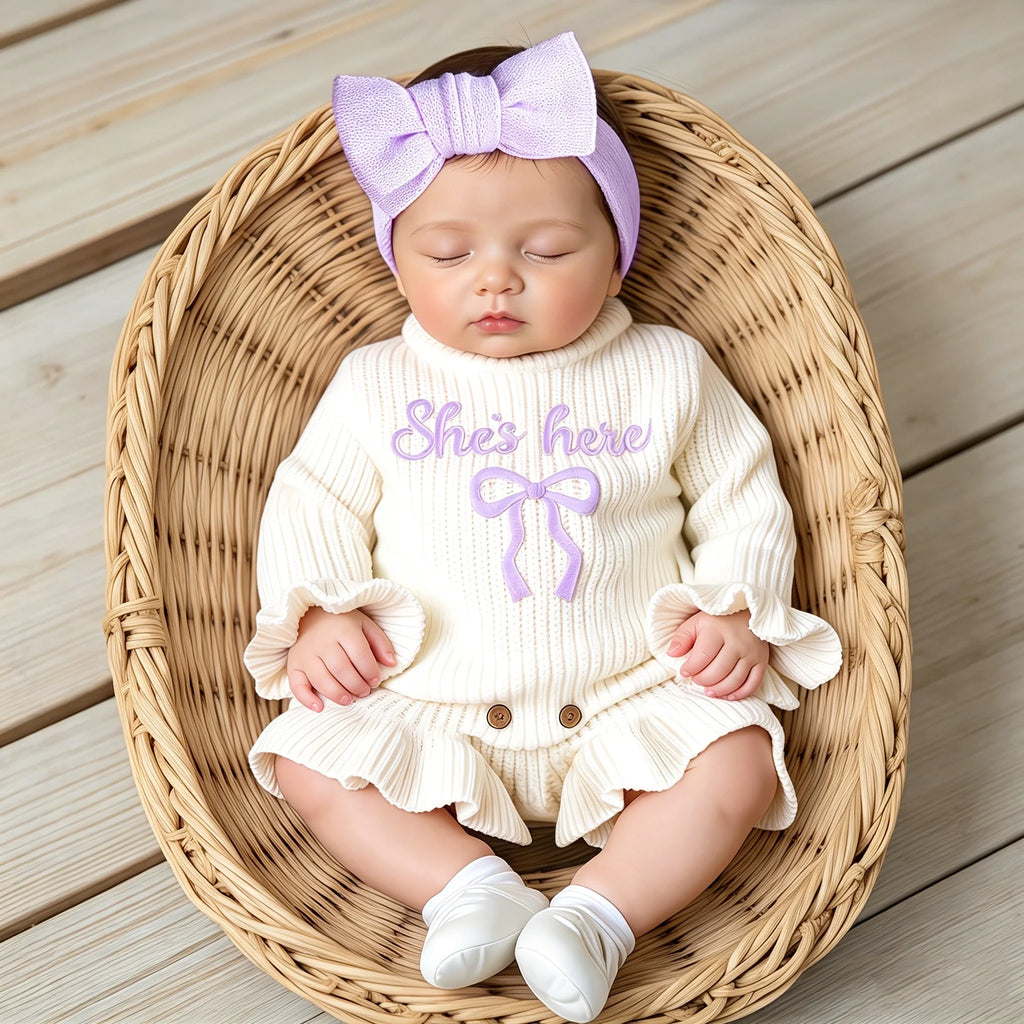 Ensemble tricoté avec nœud pour bébé fille (pour séance photo)