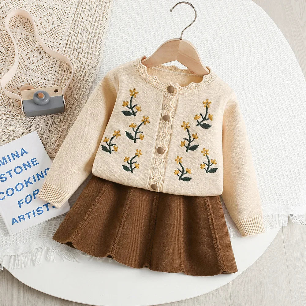 Ensemble pull tricoté fleuri pour fille