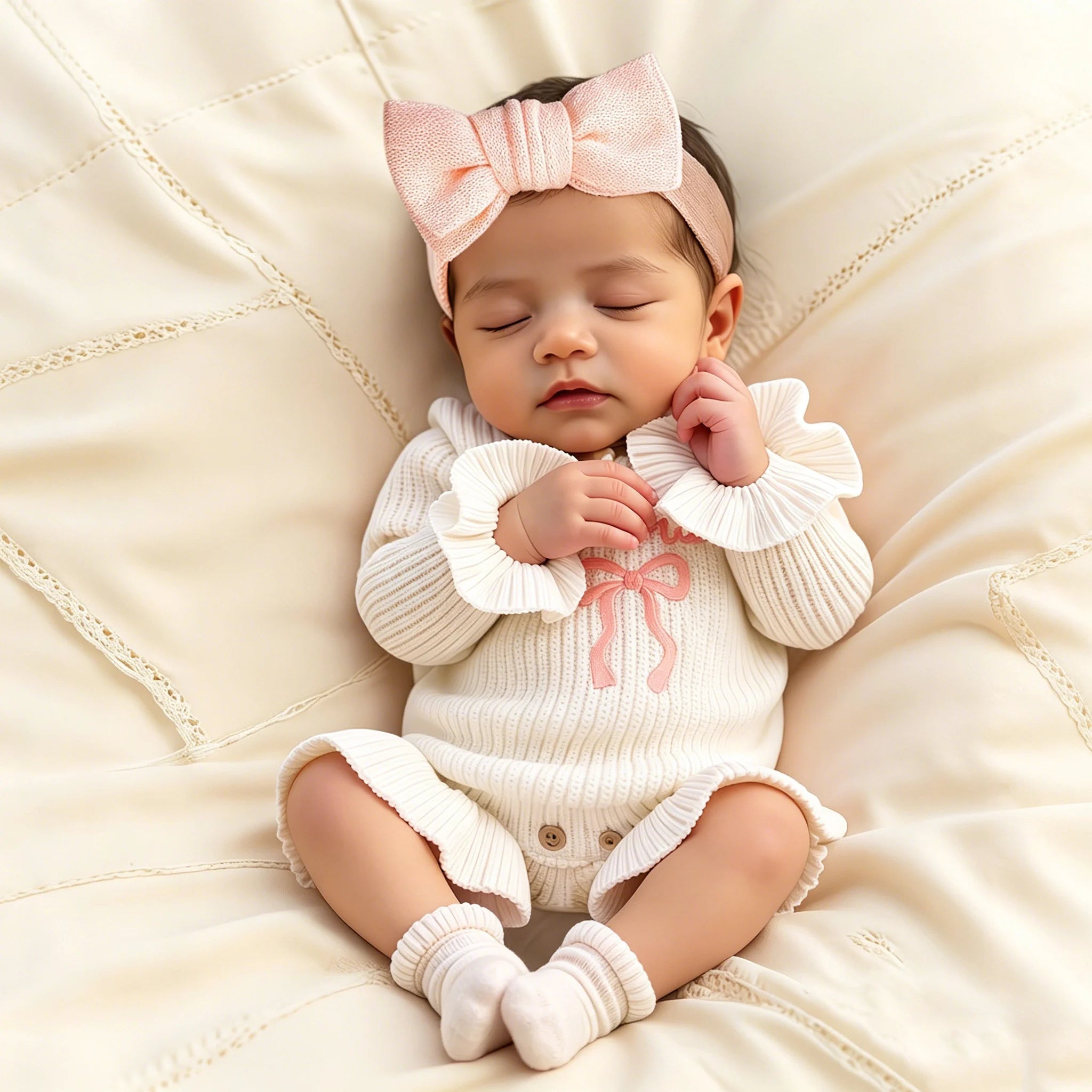 Ensemble tricoté avec nœud pour bébé fille (pour séance photo)