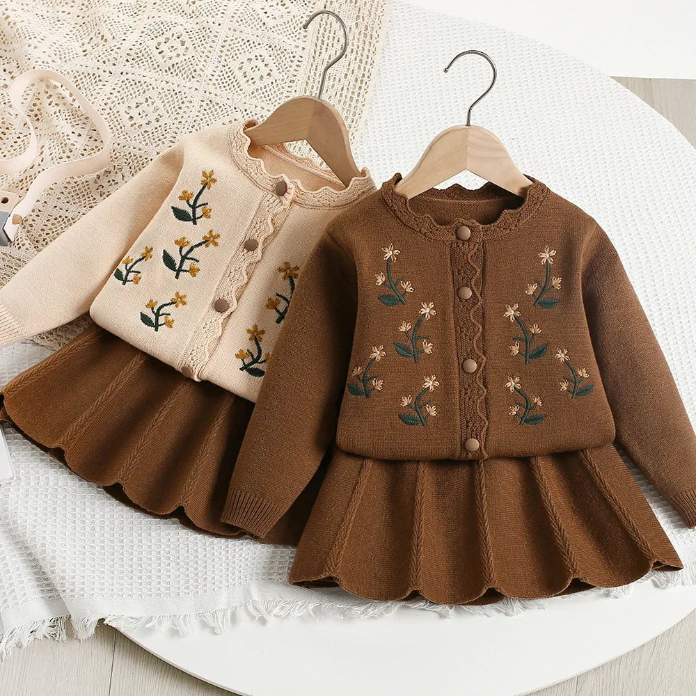 Ensemble pull tricoté fleuri pour fille