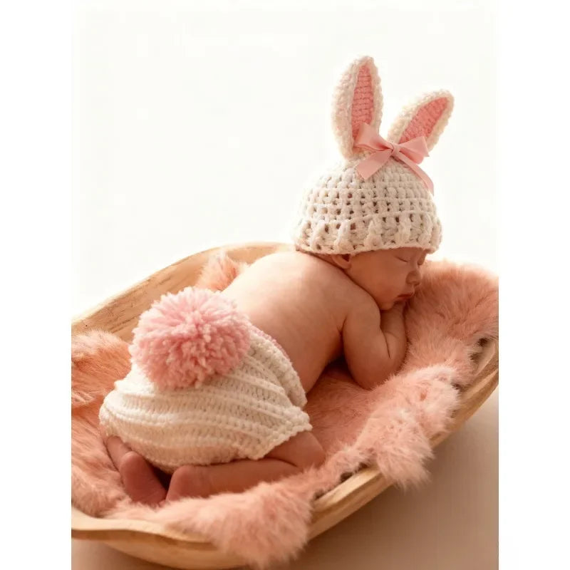 Conjunto de punto para sesión de fotos de recién nacido (modelo conejo)